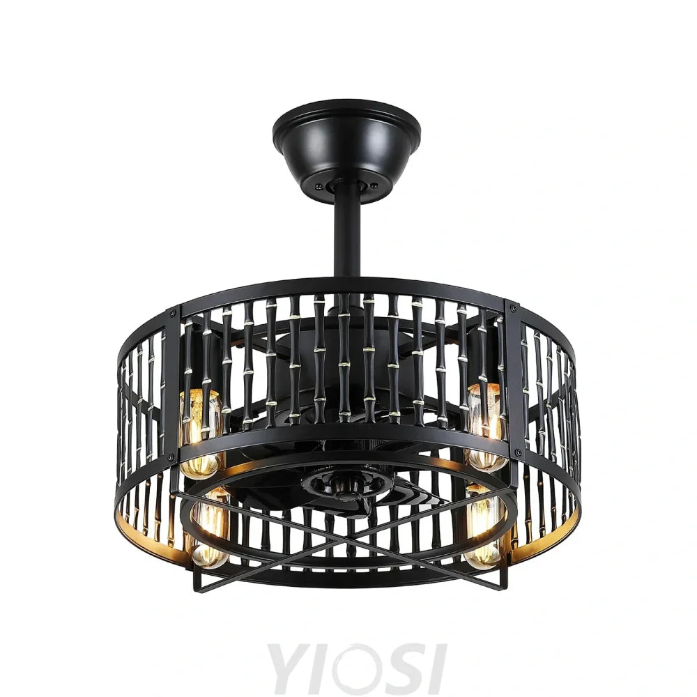 18 Inch Modern Black Caged Ceiling Fan with Remote Control ceiling light