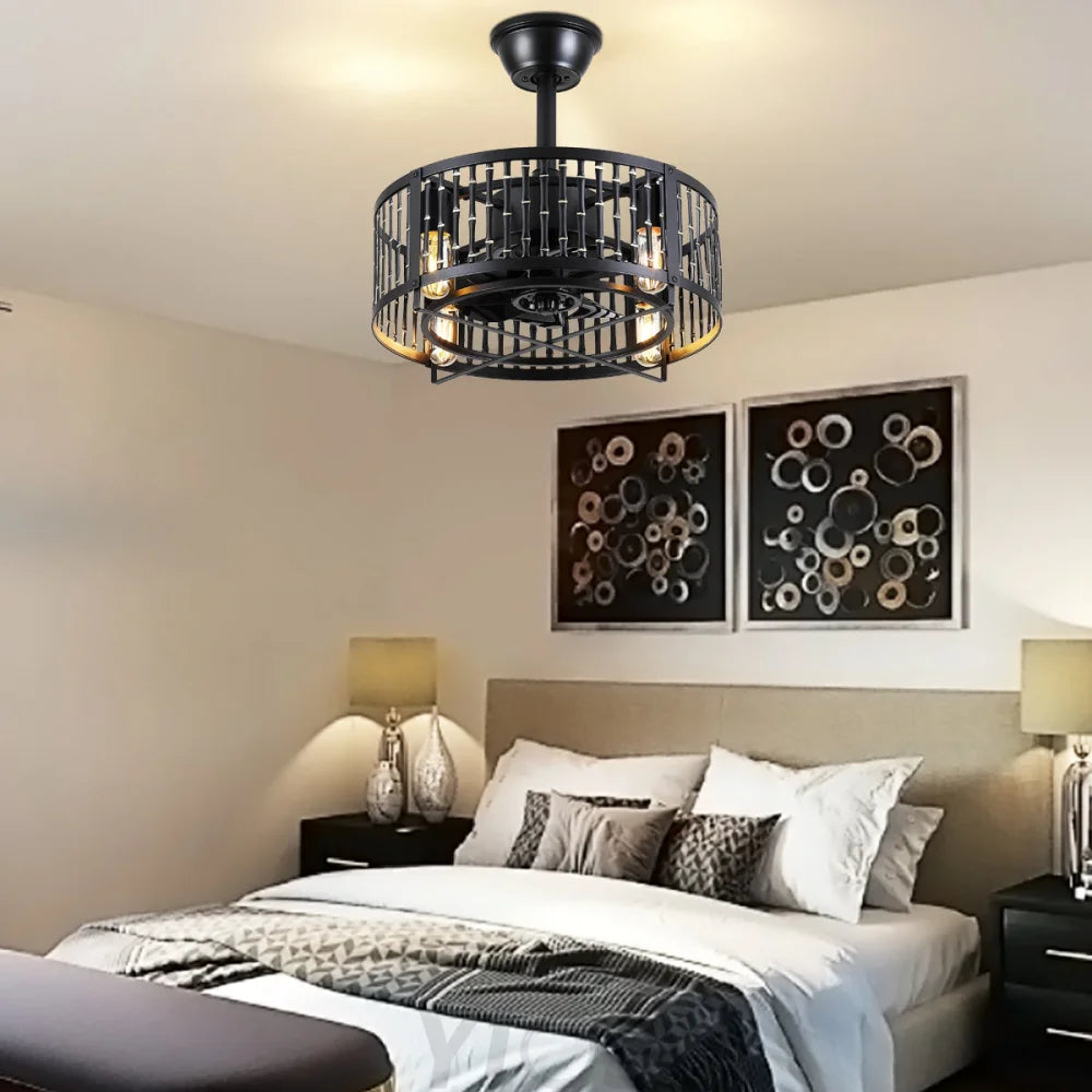 18-Inch Modern Black Caged Ceiling Fan with Remote Control ceiling light