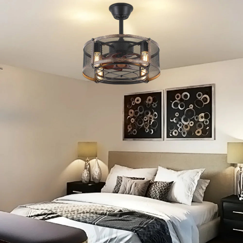 18’’ Modern Caged Ceiling Fan with Remote – Farmhouse Low Profile Design ceiling light