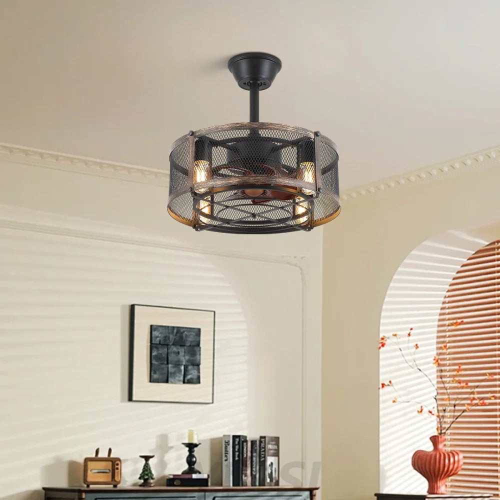 18’’ Modern Caged Ceiling Fan with Remote – Farmhouse Low Profile Design ceiling light