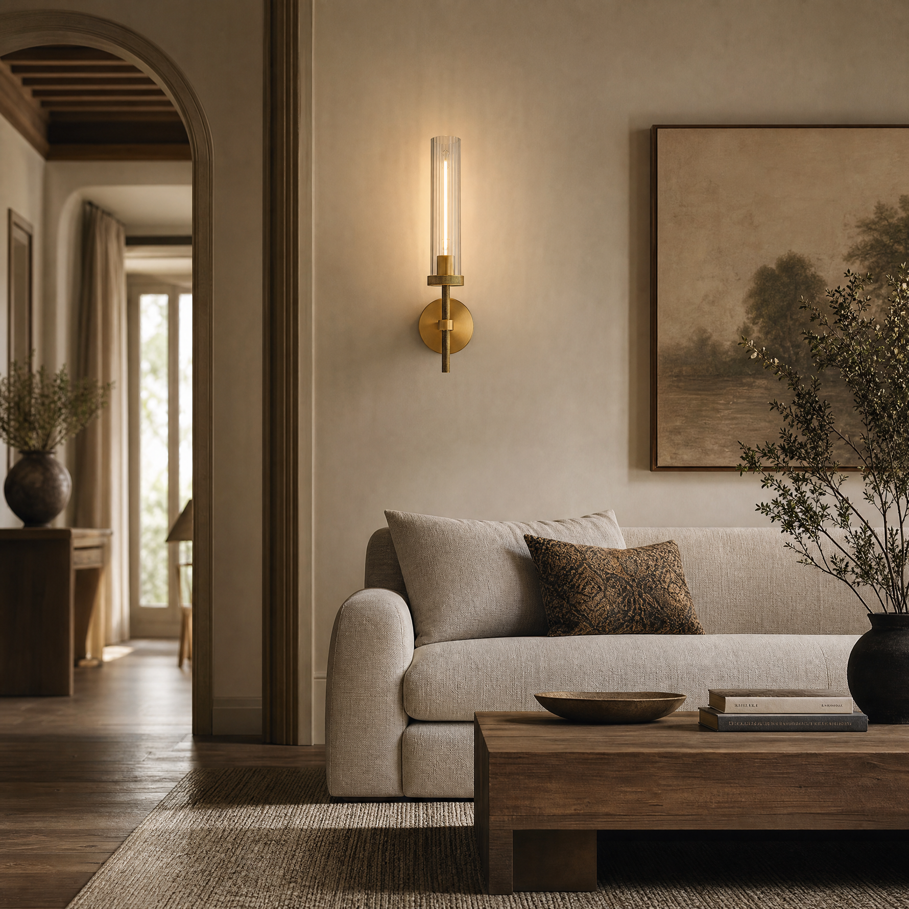 19" Brass Knurled Glass Cylinder Wall Sconces (Set of 2)