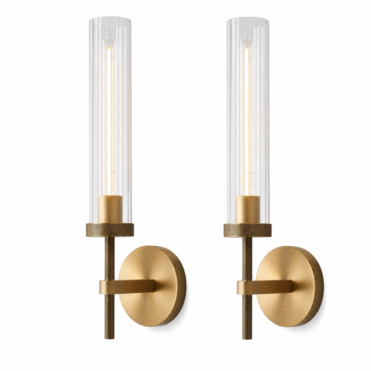 19" Brass Knurled Glass Cylinder Wall Sconces (Set of 2)