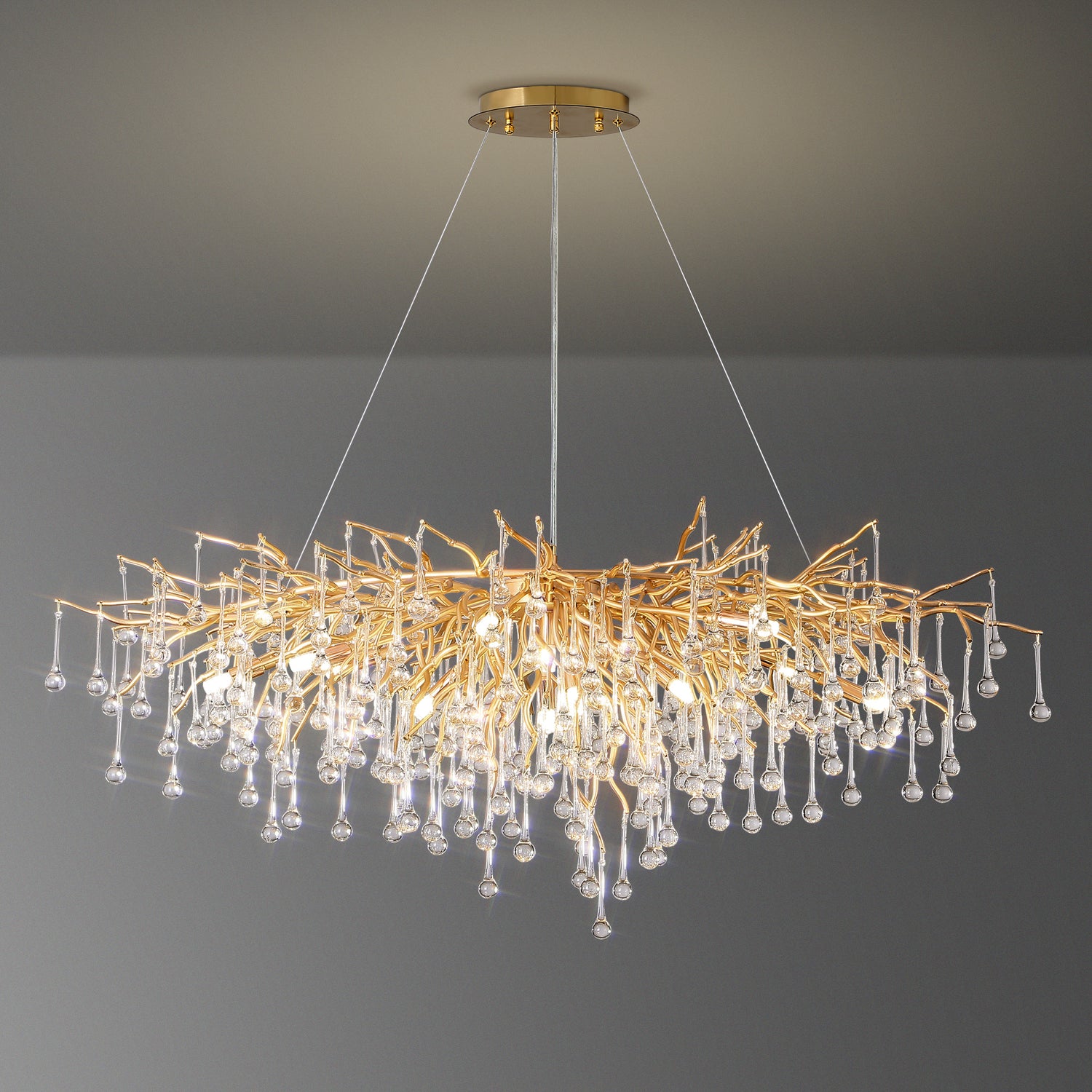 Small Water Drop Branch Rectangular Pendant 115cm - Gold