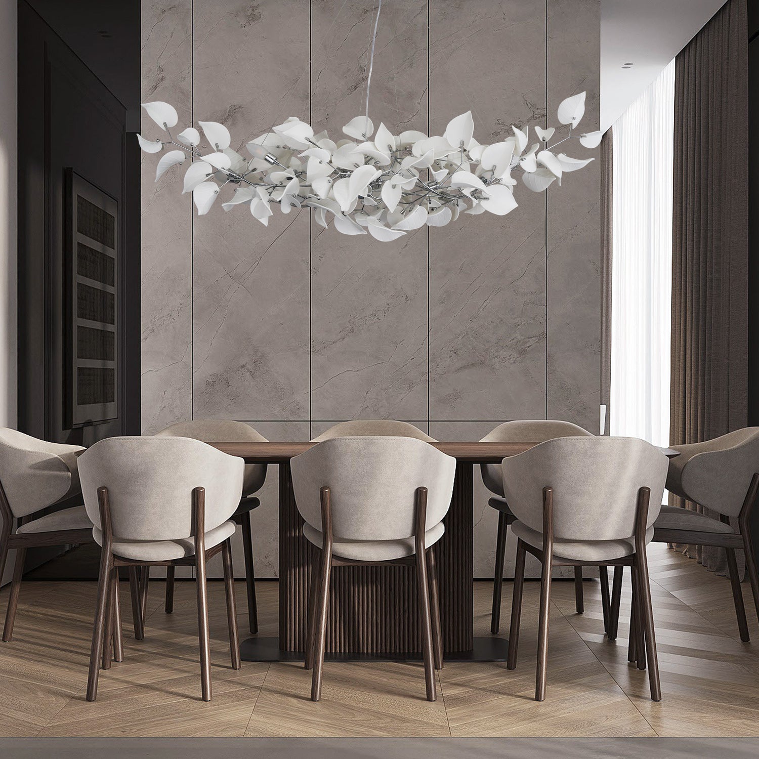 Ceramic Heart Leaf Linear Dining Pendant L1500 - Chrome