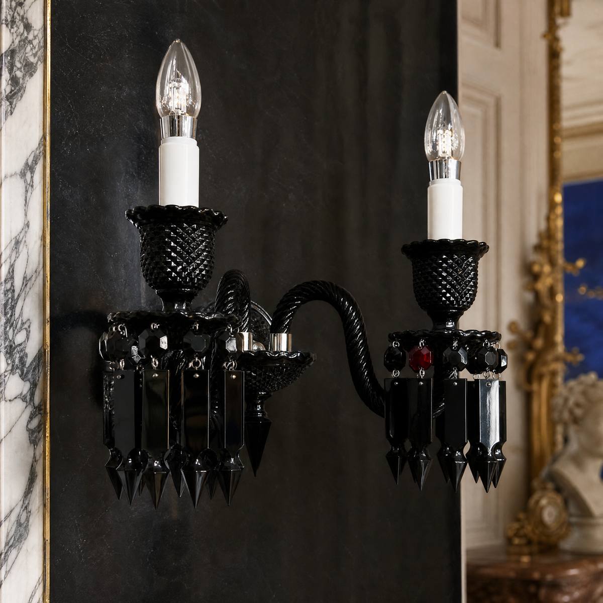 2-Light Black Gothic Candle Faceted Glass Wall Sconce