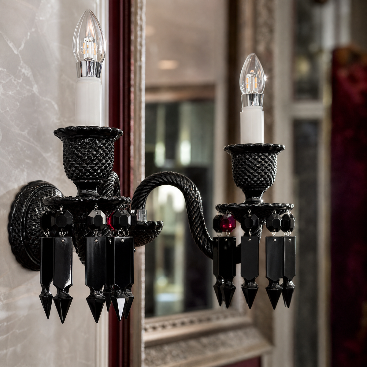 2-Light Black Gothic Candle Faceted Glass Wall Sconce