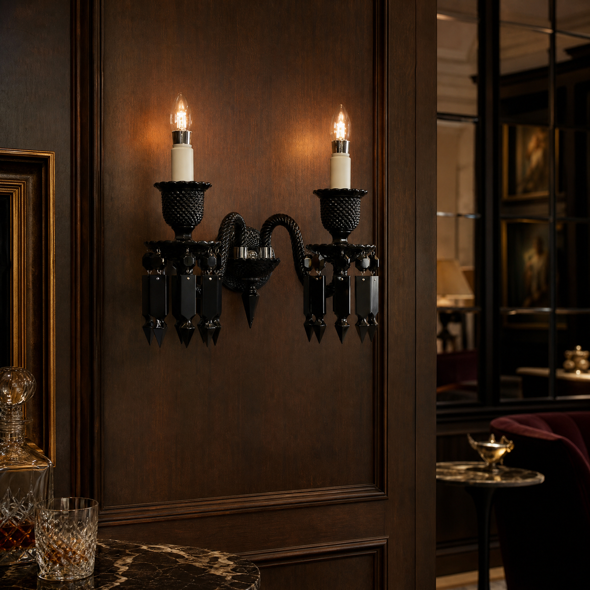 2-Light Black Gothic Candle Faceted Glass Wall Sconce