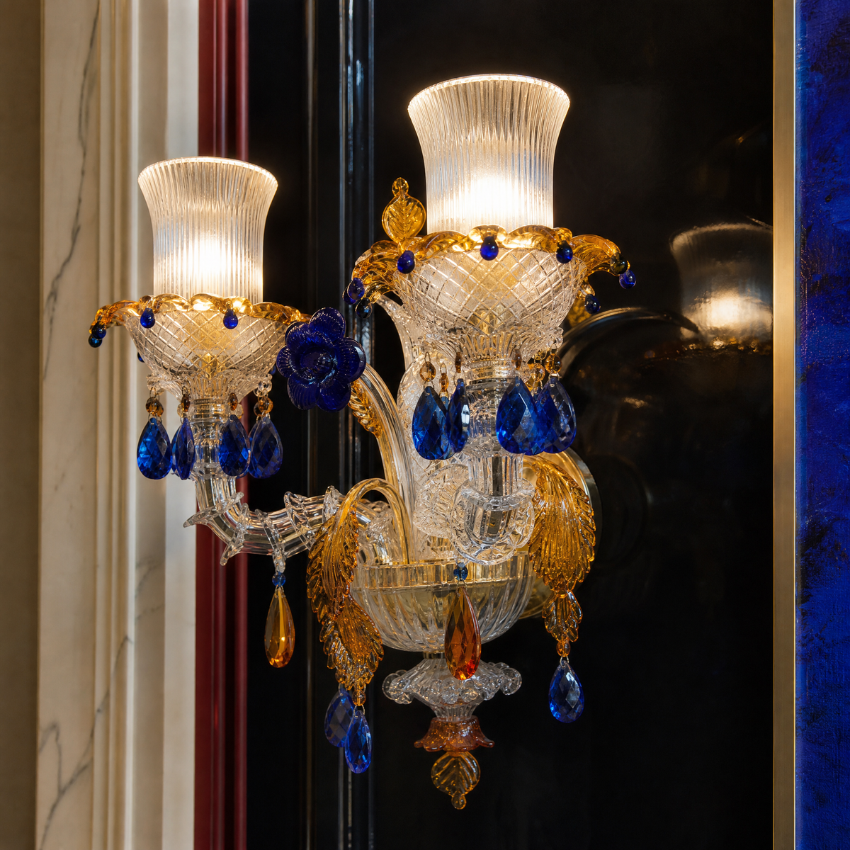 2-Light Blue and Amber Floral Crystal Wall Sconce
