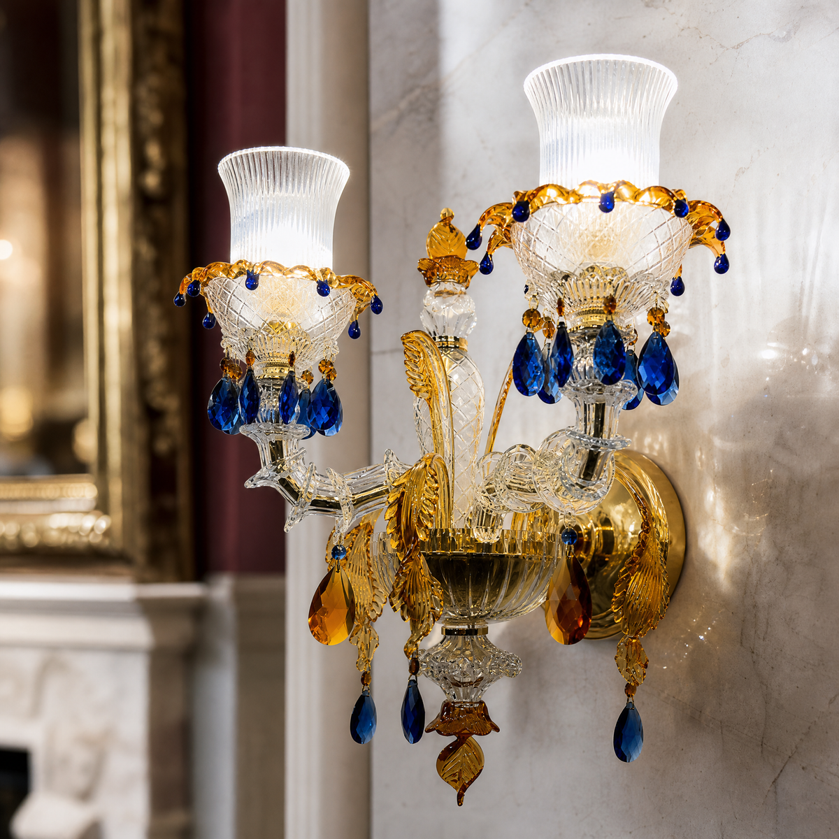 2-Light Blue and Amber Floral Crystal Wall Sconce