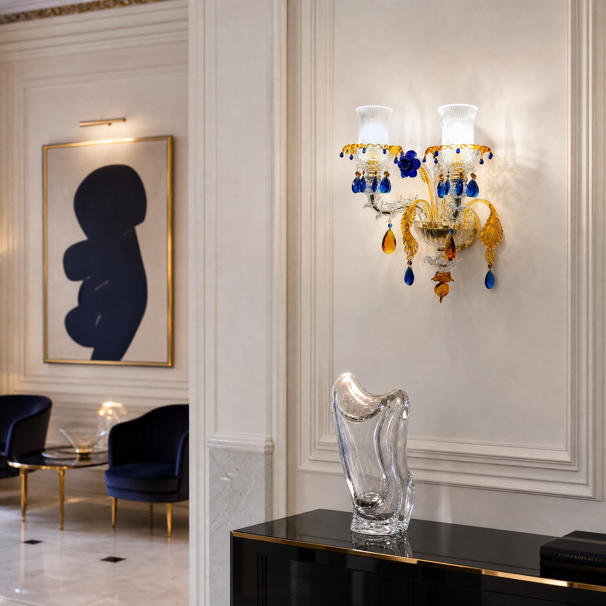 2-Light Blue and Amber Floral Crystal Wall Sconce