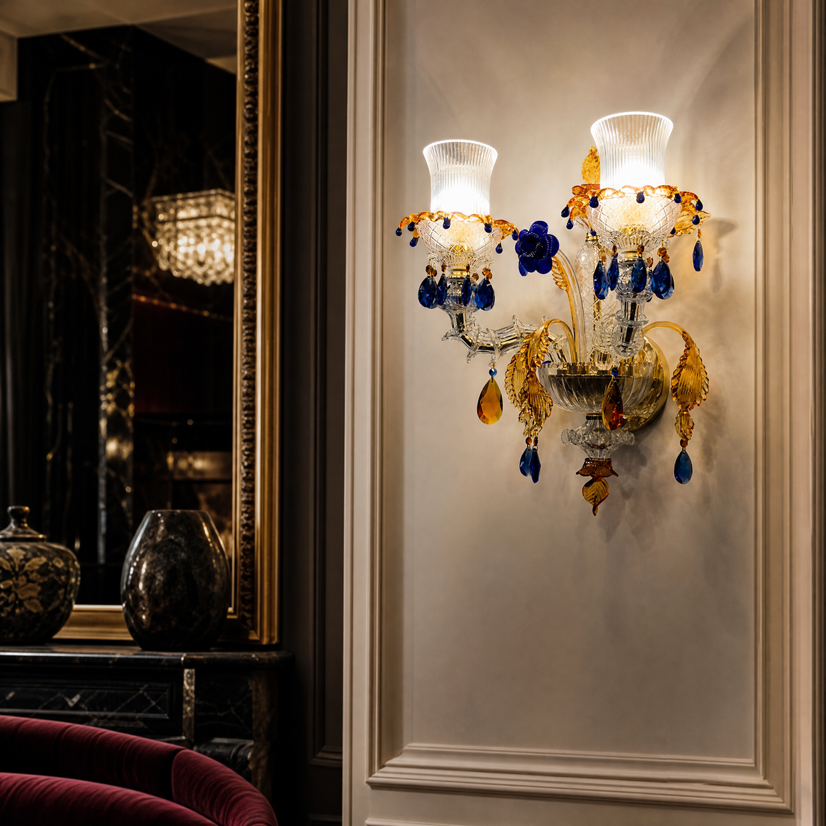 2-Light Blue and Amber Floral Crystal Wall Sconce