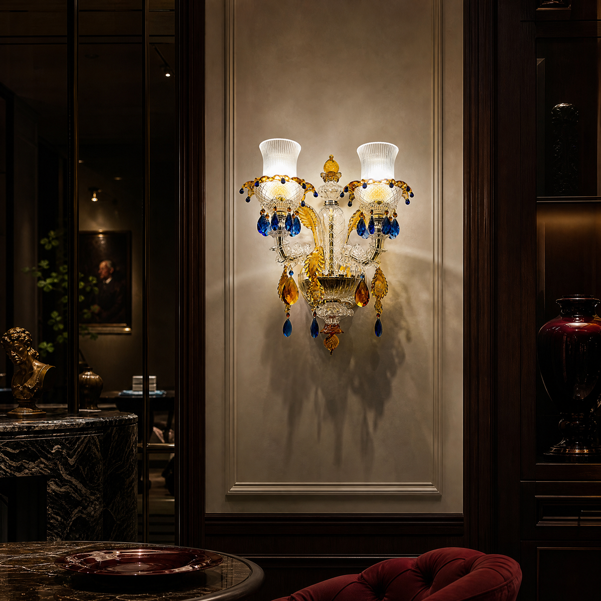 2-Light Blue and Amber Floral Crystal Wall Sconce