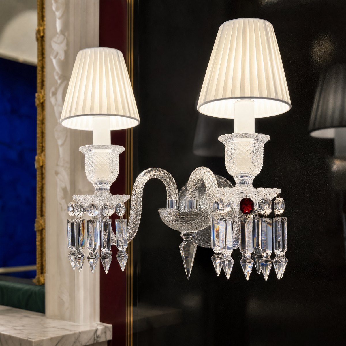 2-Light Candle Pleated Shade Crystal Wall Sconce