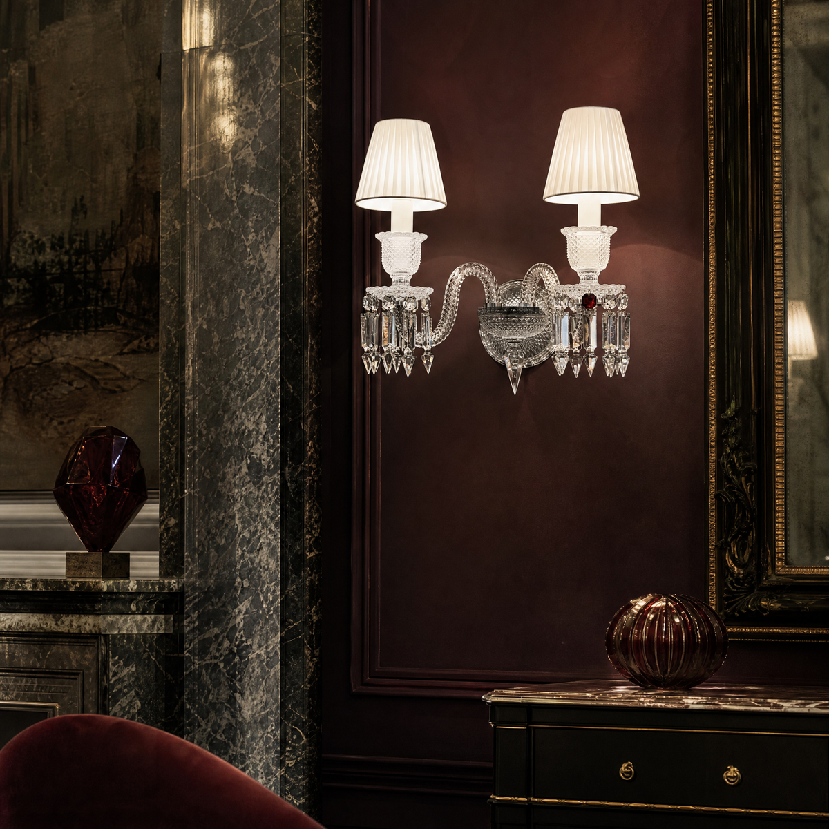 2-Light Candle Pleated Shade Crystal Wall Sconce