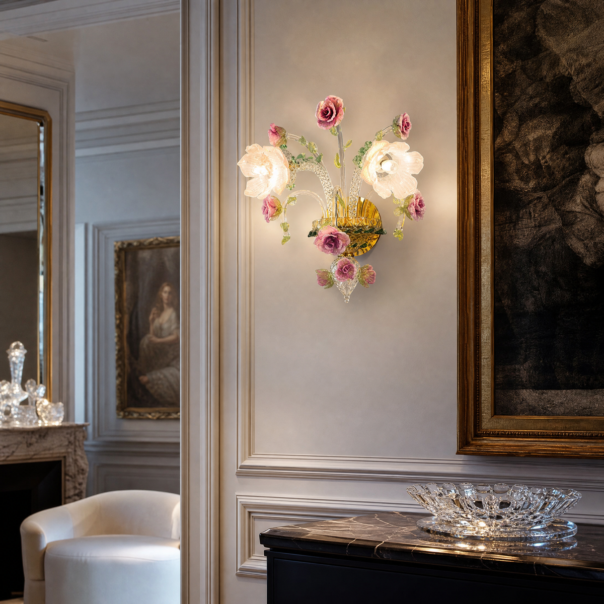 2-Light Pink And Purple Glass Roses Wall Sconce
