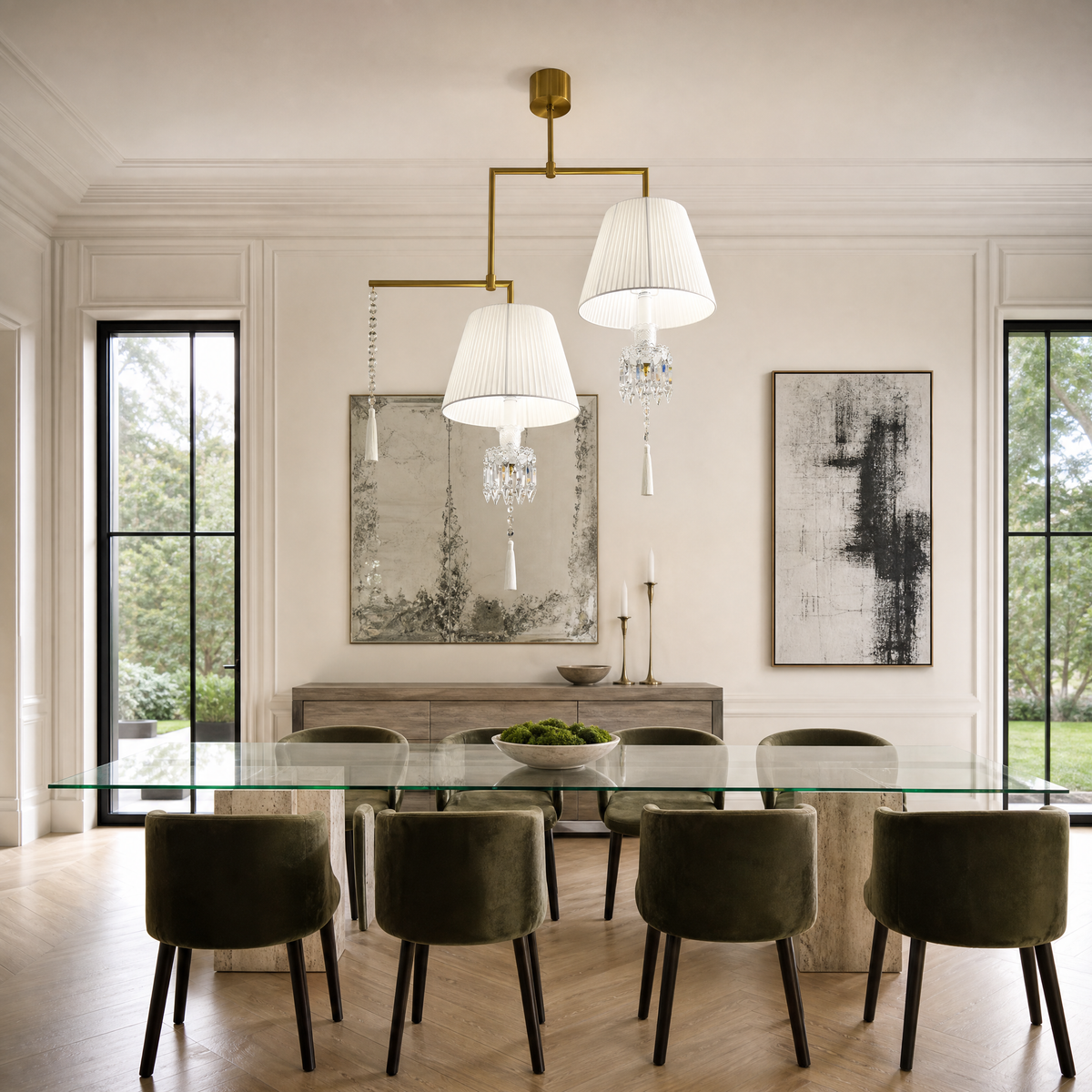 2-Light Pleated Fabric Crystal Tassel Chandelier
