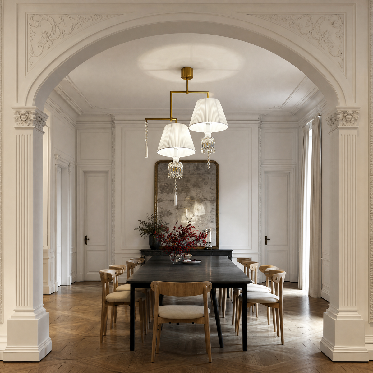 2-Light Pleated Fabric Crystal Tassel Chandelier