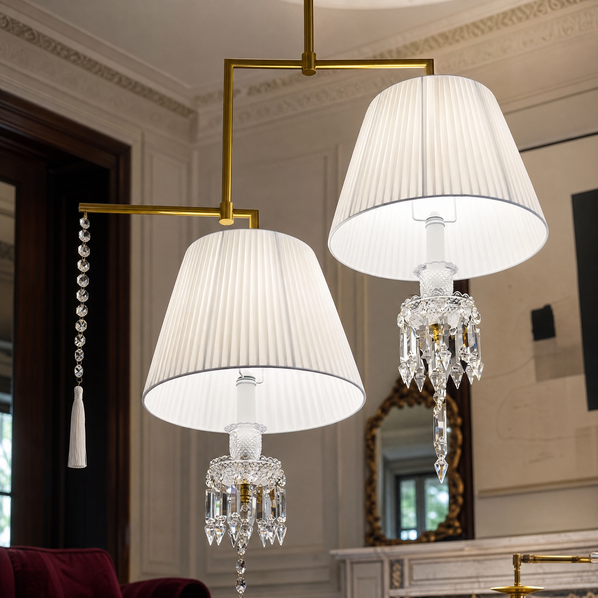 2-Light Pleated Fabric Crystal Tassel Chandelier