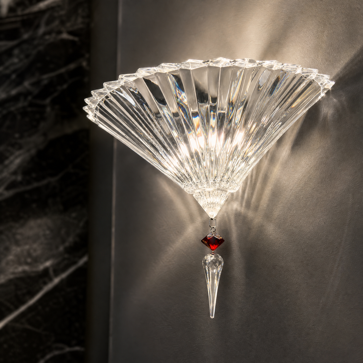2-Light Pleated Fan Red Crystal Drop Wall Sconce