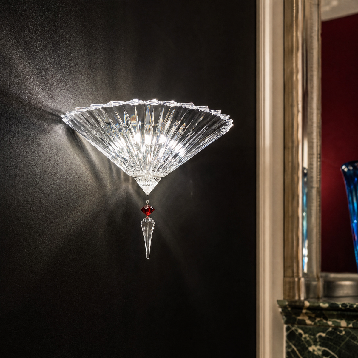 2-Light Pleated Fan Red Crystal Drop Wall Sconce