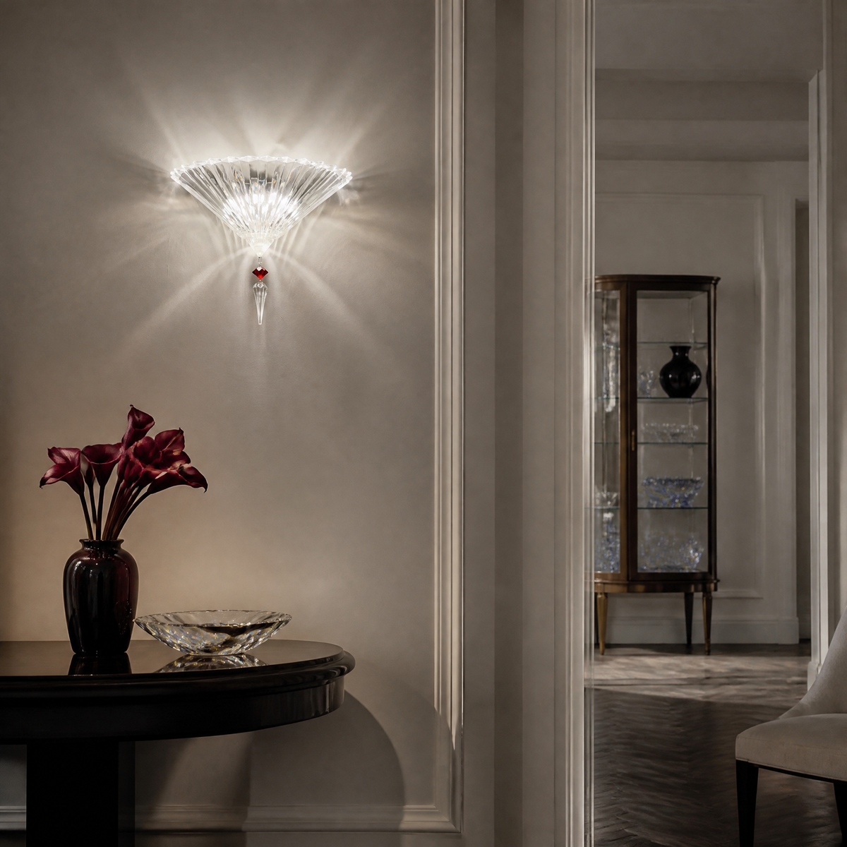 2-Light Pleated Fan Red Crystal Drop Wall Sconce