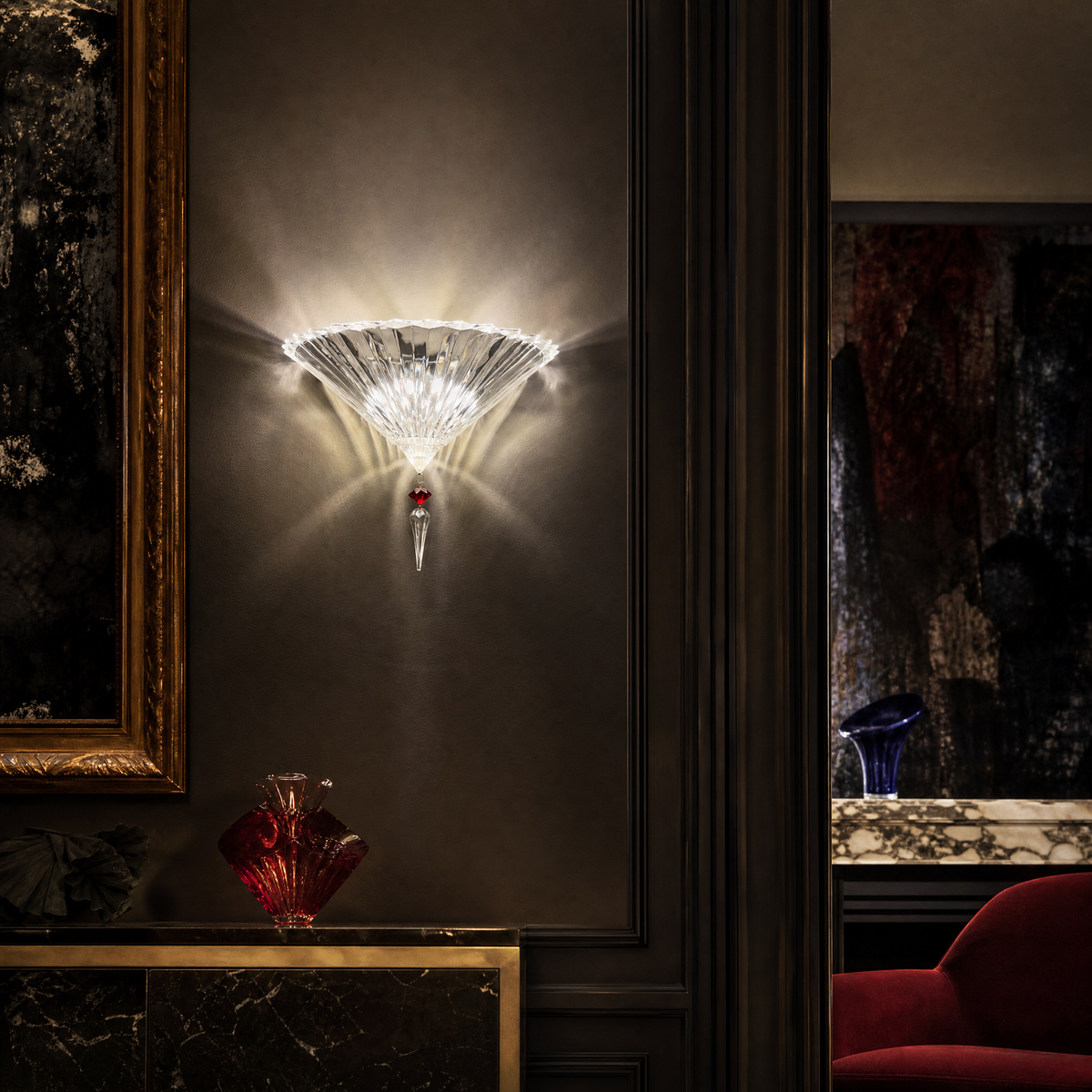 2-Light Pleated Fan Red Crystal Drop Wall Sconce