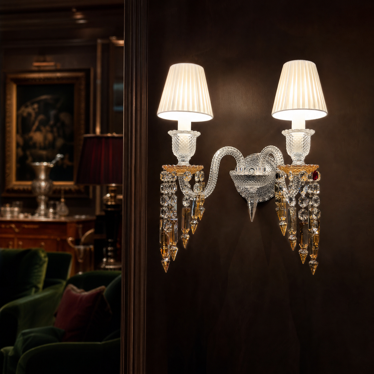 2-Light Pleated Shade Amber Crystal Glass Wall Sconce