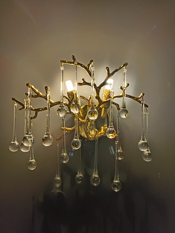 Elsa Crystal Droplet Gold Branch Wall Sconce For Living Room, Bedroom