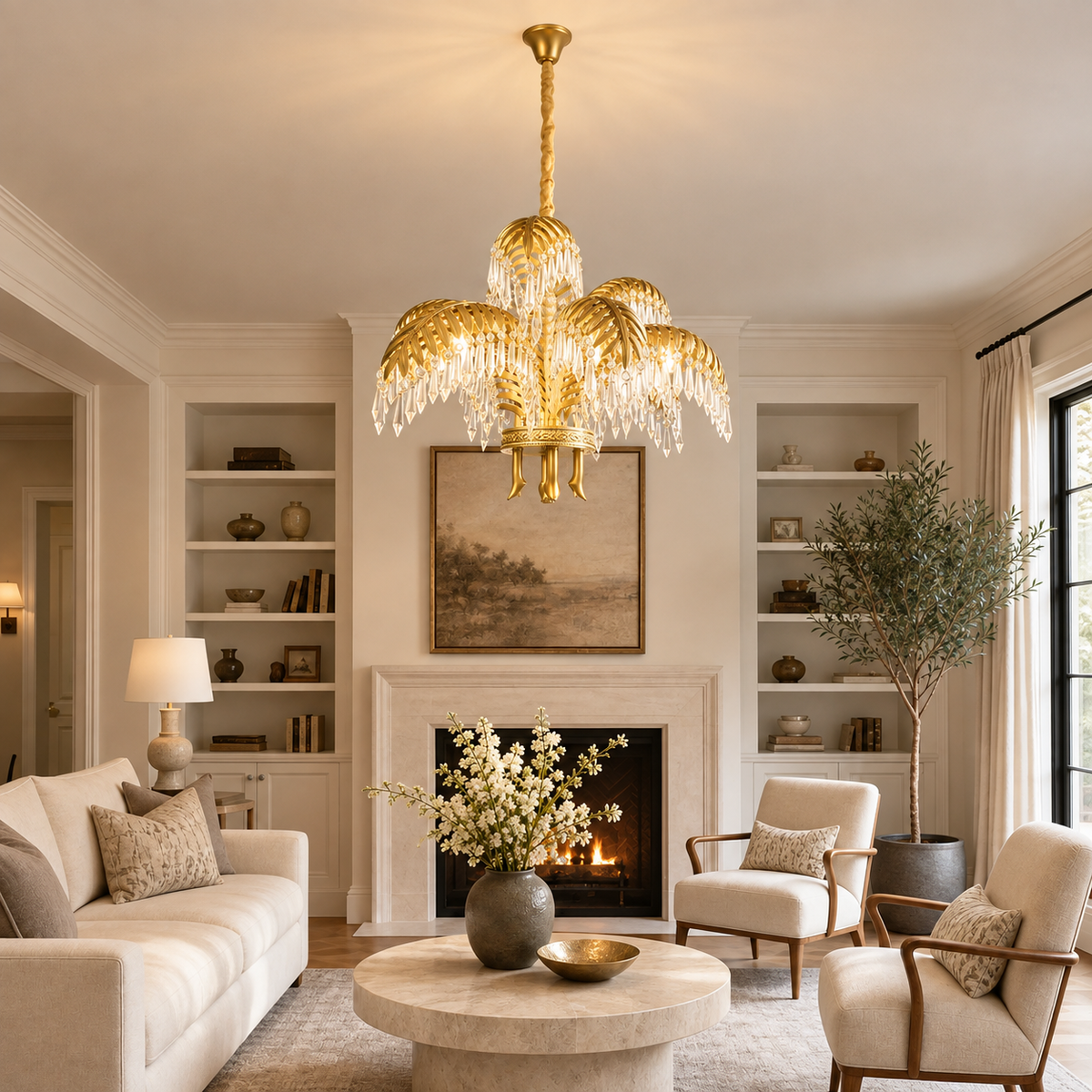 Crystal Chandelier Glam Gold Metal Palm Leaf 9-Light Ø29.9" for Dining Room