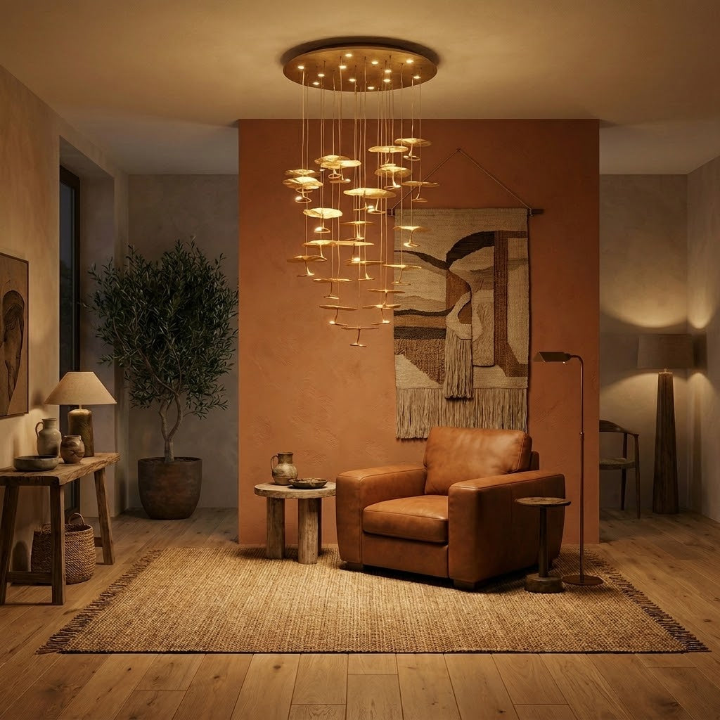 Cascading copper ceiling chandelier in modern living room with terracotta wall — Yiosi flush mount