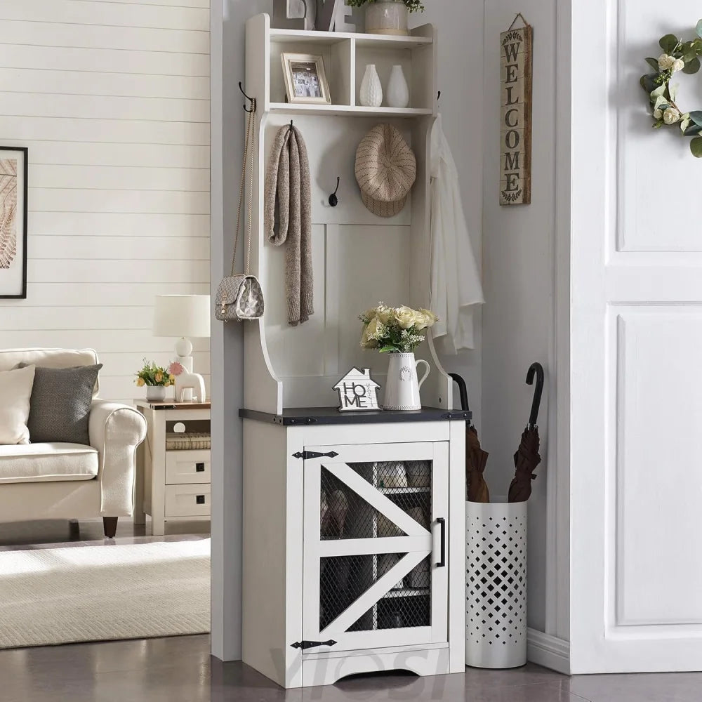 JXQTLINGMU Farmhouse Hall Tree with Shoe Storage Bench & 5 Hooks
