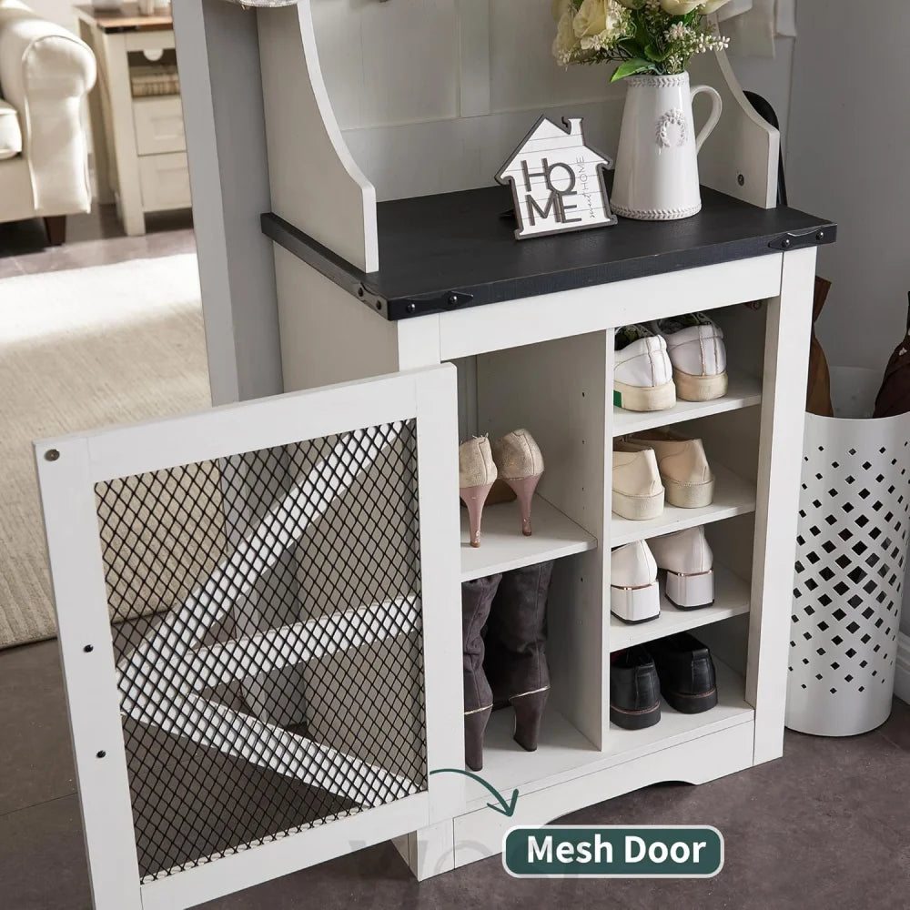 JXQTLINGMU Farmhouse Hall Tree with Shoe Storage Bench & 5 Hooks