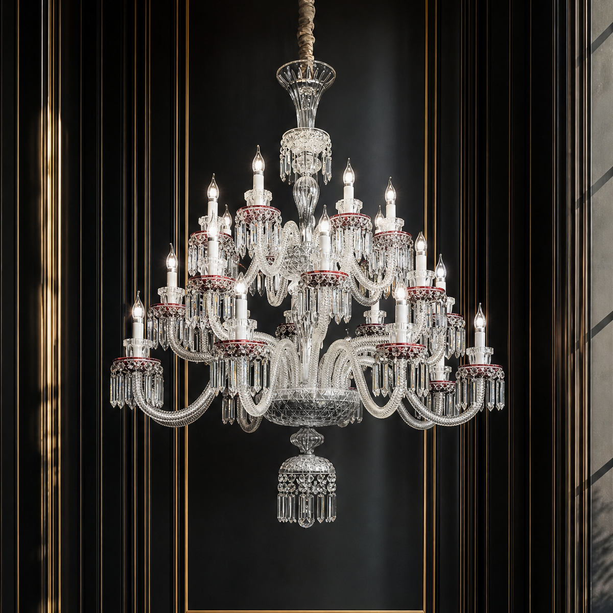 24-Light Red Accent Tiered Candle Crystal Chandelier