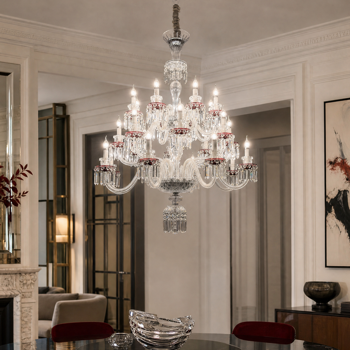 24-Light Red Accent Tiered Candle Crystal Chandelier