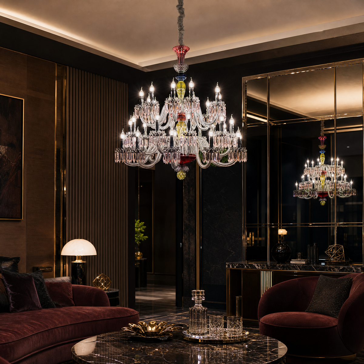 24-Light Tiered Colorful Art Glass Candle Chandelier