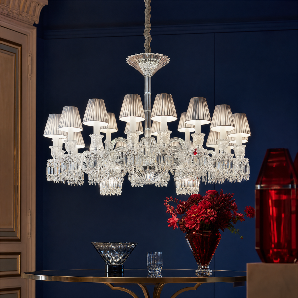 24-Light Two-Tier Pleated Shade Crystal Chandelier