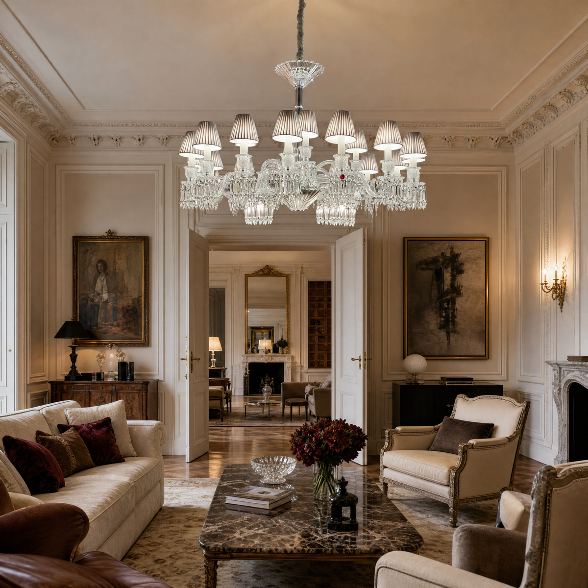 24-Light Two-Tier Pleated Shade Crystal Chandelier
