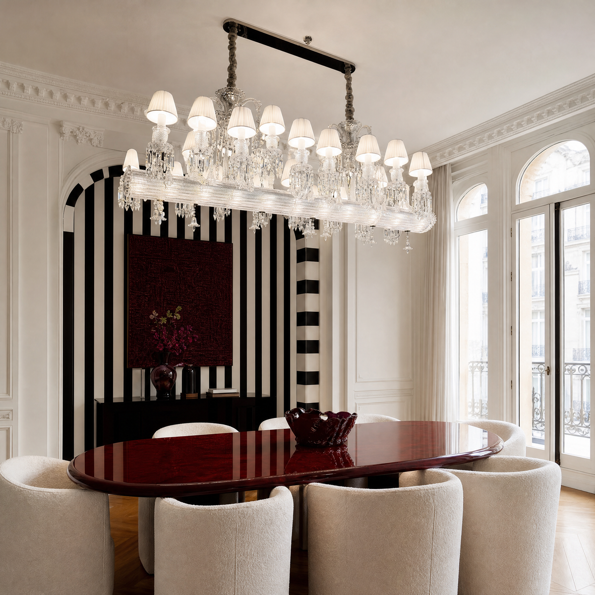 26-Light Fabric Shade Ribbed Crystal Linear Chandelier
