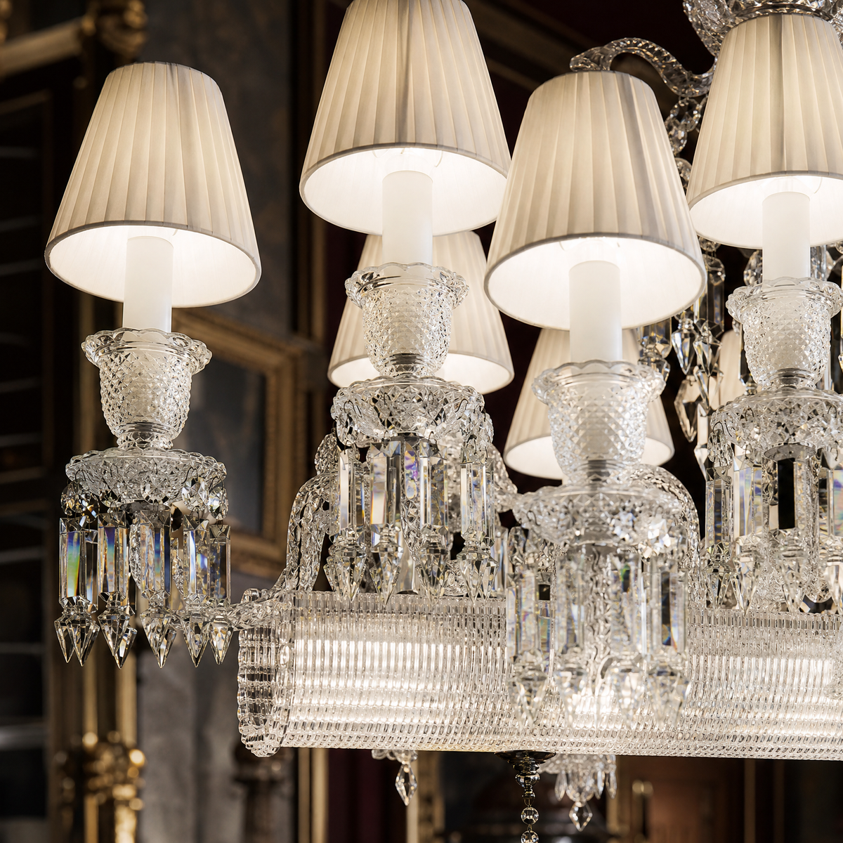 26-Light Fabric Shade Ribbed Crystal Linear Chandelier