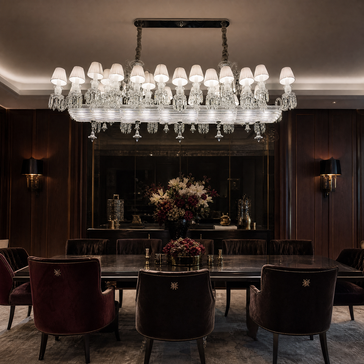 26-Light Fabric Shade Ribbed Crystal Linear Chandelier