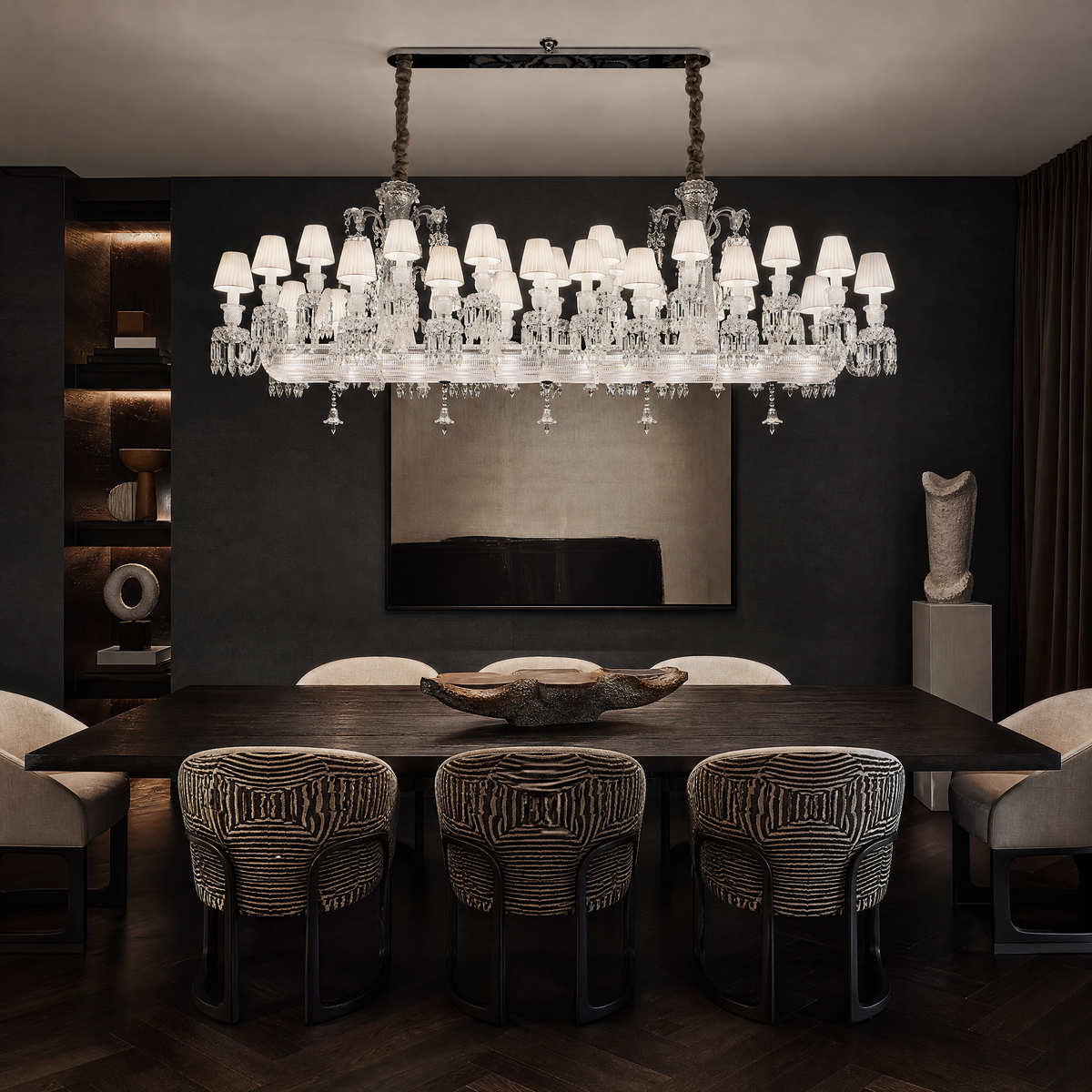 26-Light Fabric Shade Ribbed Crystal Linear Chandelier
