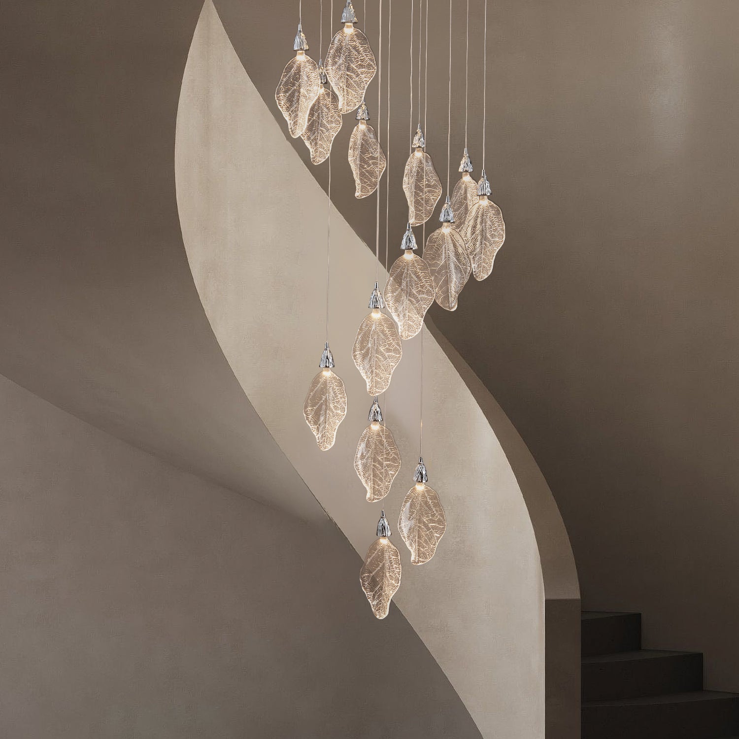 14-Light Platinum Leaf Staircase Chandelier - Silver