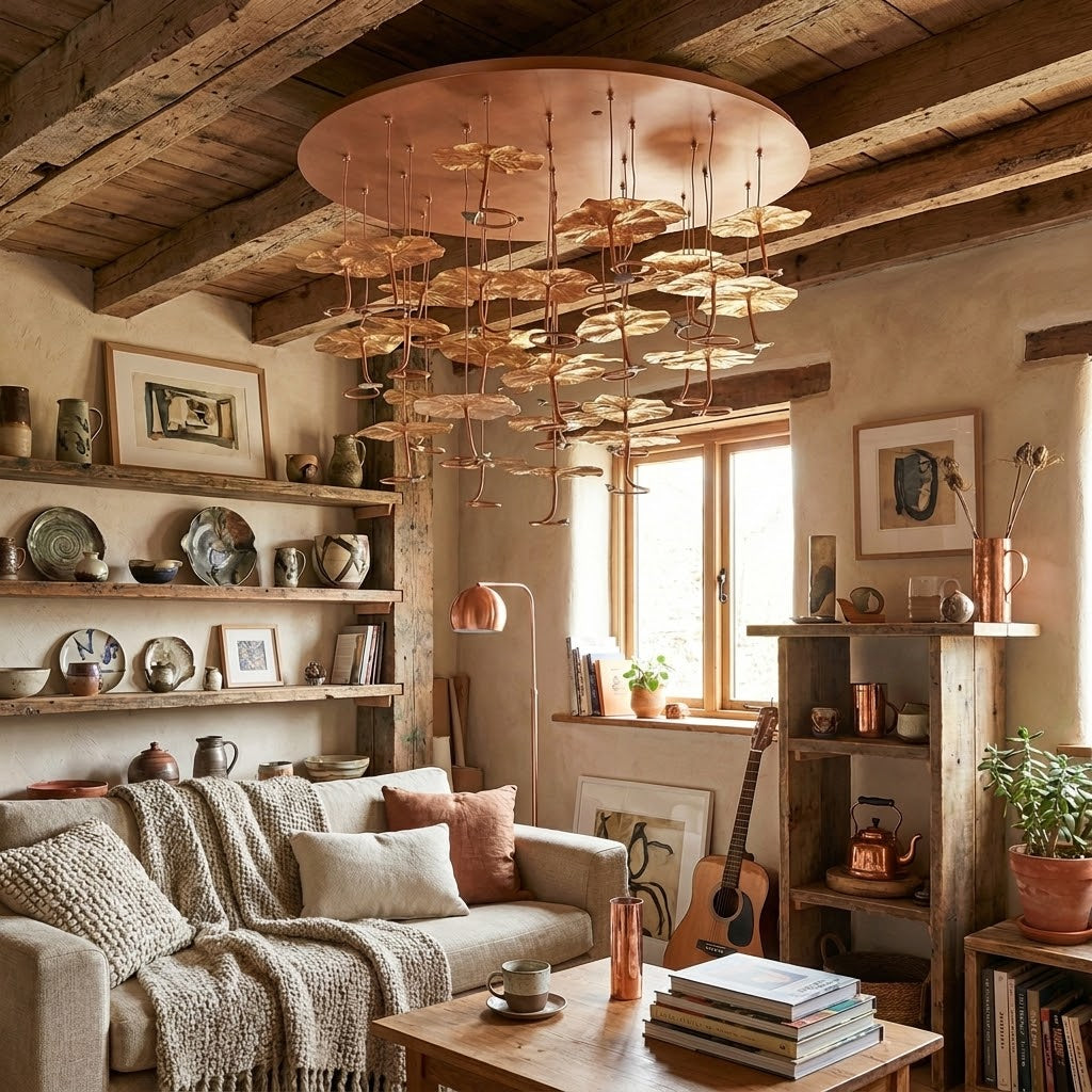 Grand Copper ceiling lamp in rustic living room with wood beam ceiling — Yiosi flush mount Style A