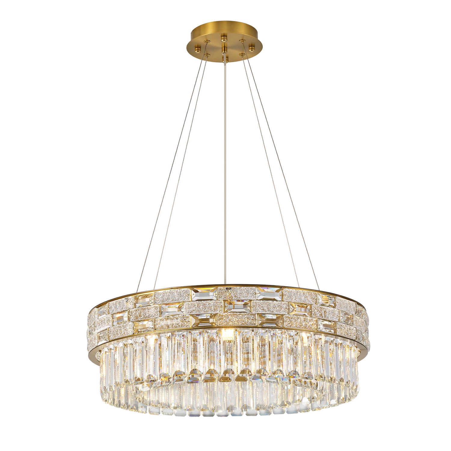 Ice Flake Crystal Round Pendant 23 Inch - Gold