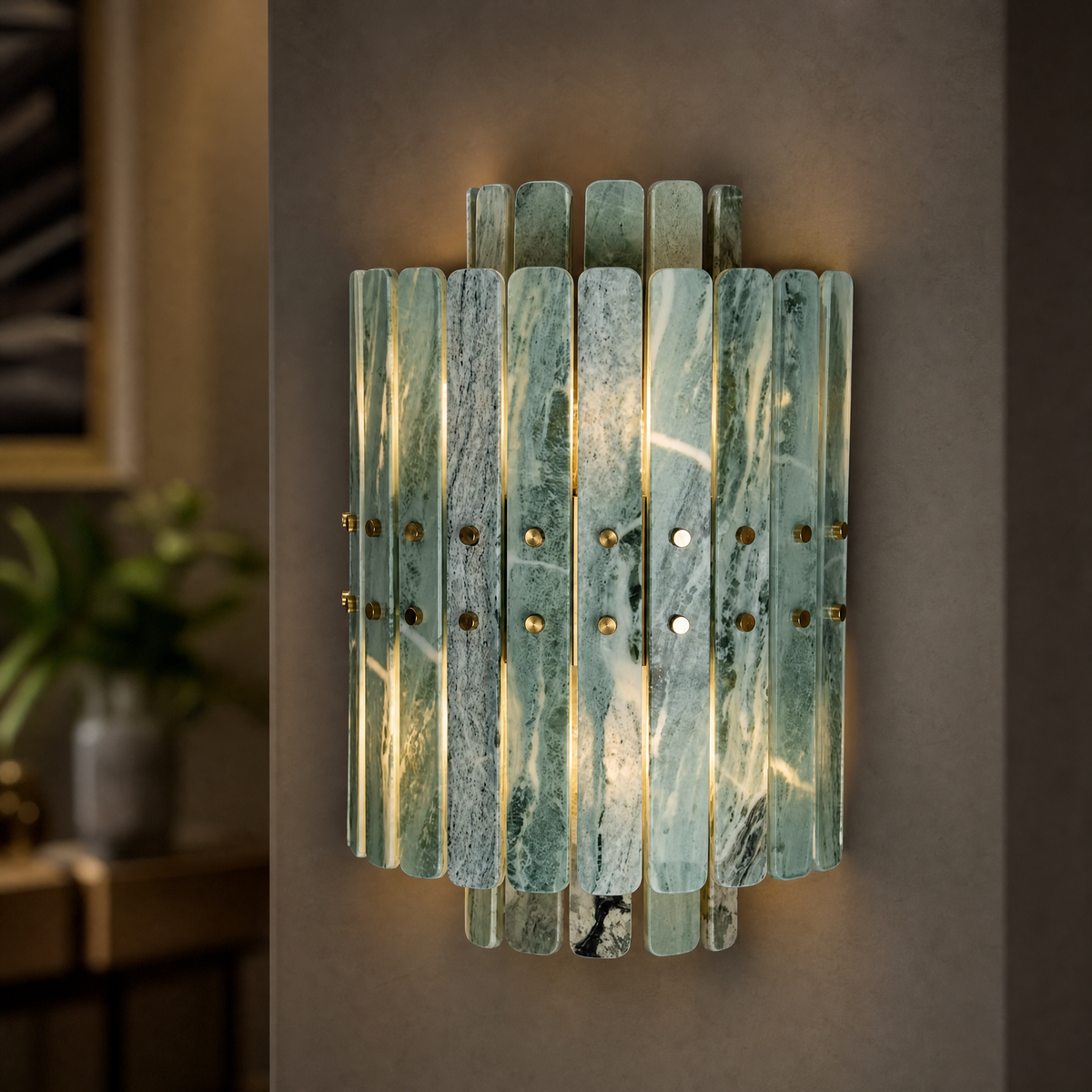 Modern Wall Sconce Green Stone-Look Gold Metal W11.8" for Hallway Bedroom