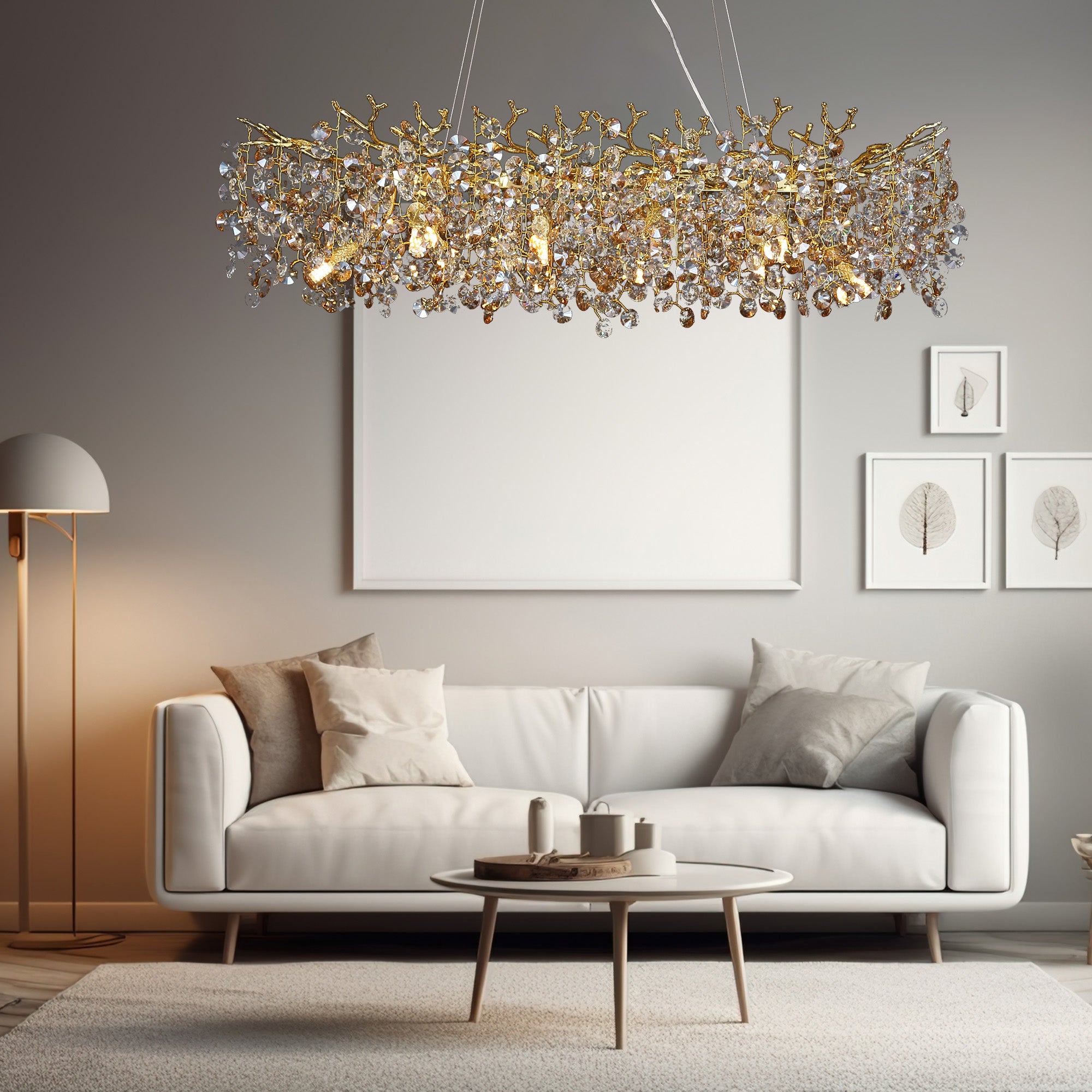 Isidora Modern Crystal Linear Gold Branch Chandelier, Luxury Chandelier Living Room