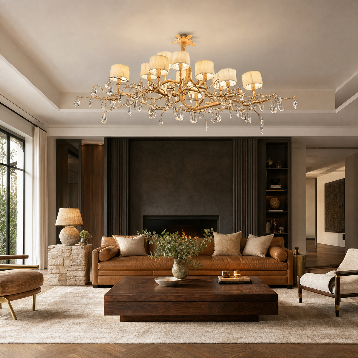 Crystal Chandelier Modern Antique Gold Fabric 12-Light 70.9" L for Dining Room