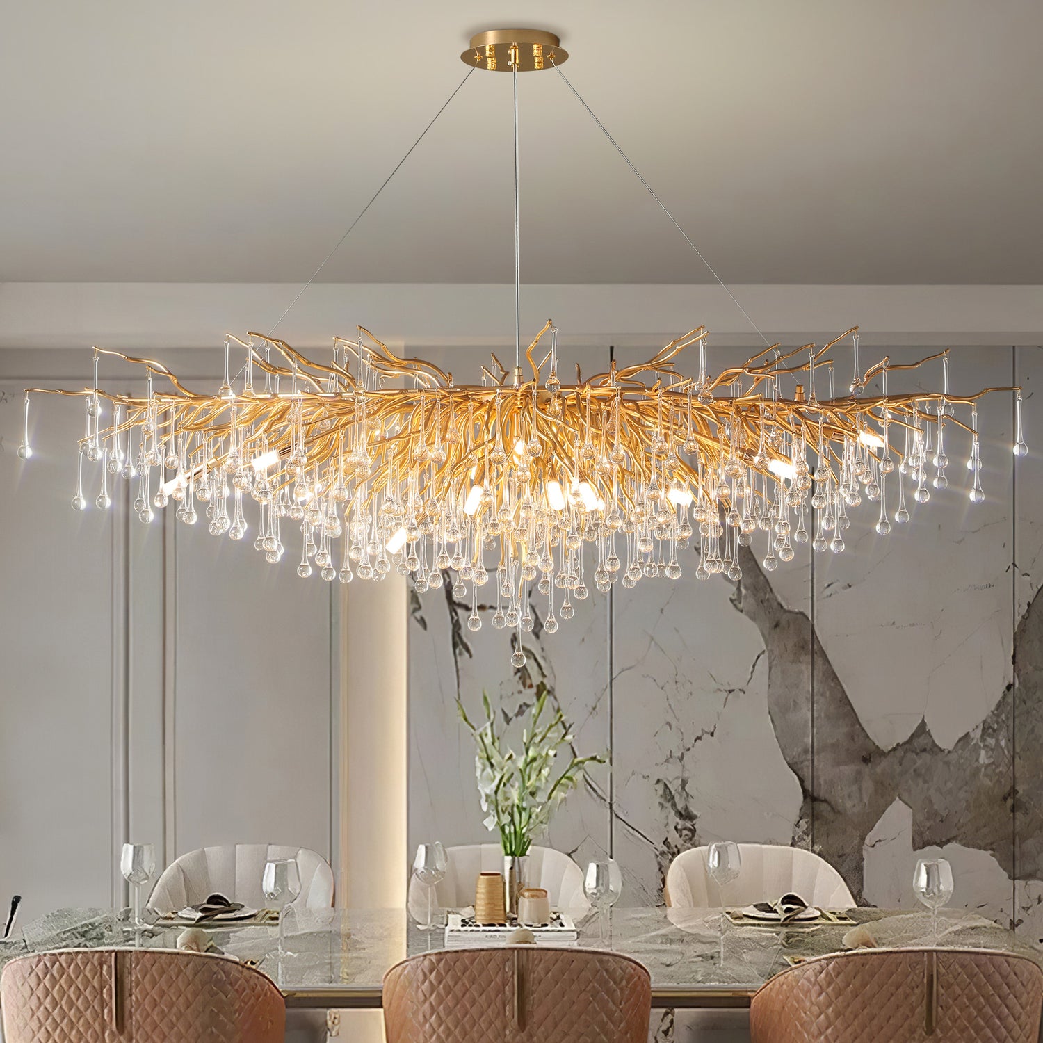 Small Water Drop Branch Rectangular Pendant 155cm - Gold