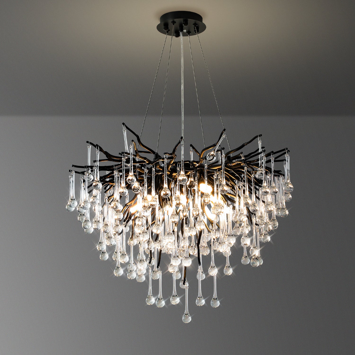 Small Water Drop Branch Round Pendant 60cm - Black