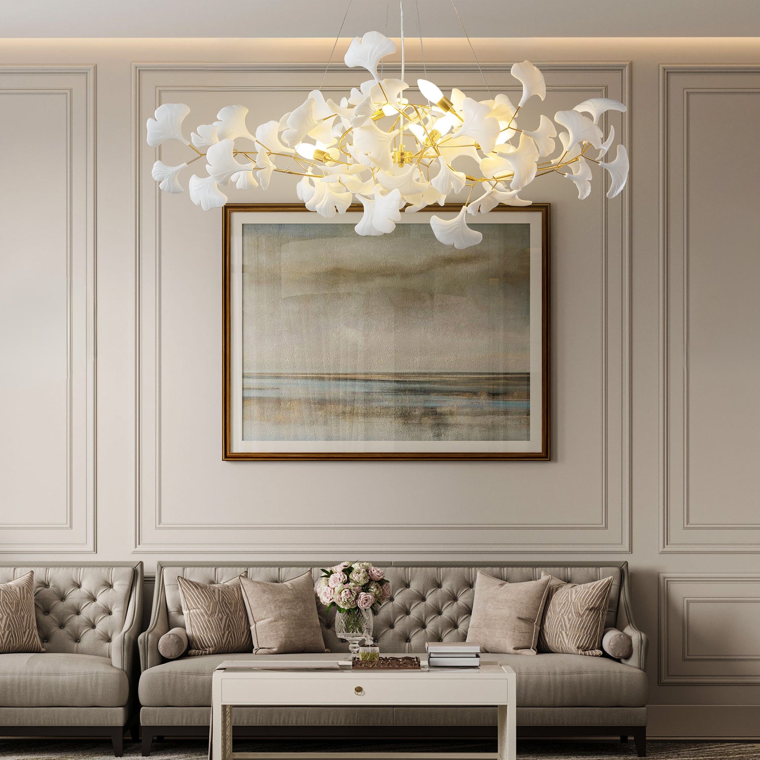 Ceramic Ginkgo Leaf Linear Dining Pendant 1200 6-Light - Gold